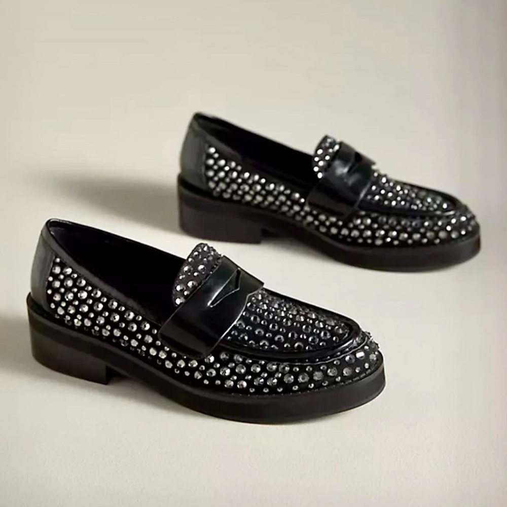 Anthropologie Bibi Lou Jaya Gem  Loafers Black Leather Jewels - Picture 3 of 12